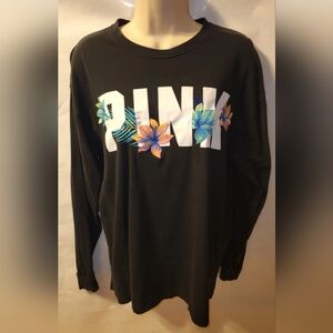 Victora Secret PINK Black Sweatshirt Embroidery Tropical Hibisus